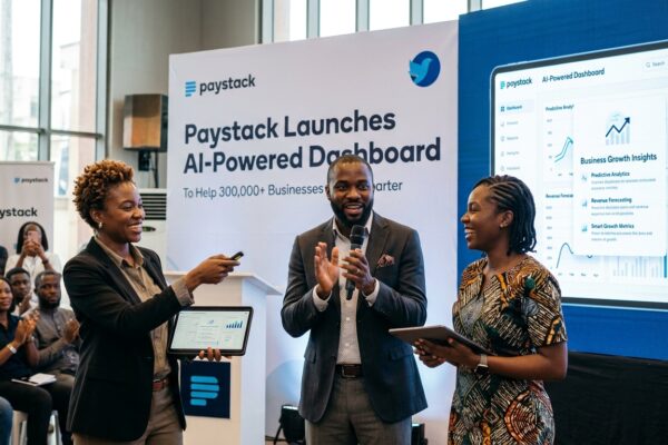 create an image of 2-3 balck africans using Paystack that Launches AI-Powered Dashboard for their businesses