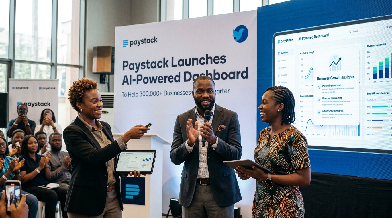 create an image of 2-3 balck africans using Paystack that Launches AI-Powered Dashboard for their businesses